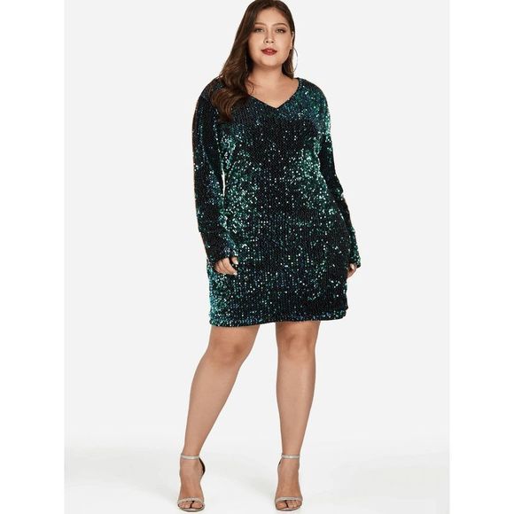 💚 Plus Size Sequin Sparkly Glitter Stretchy Long Sleeve Party Mini Dress XL NEW - Picture 2 of 16